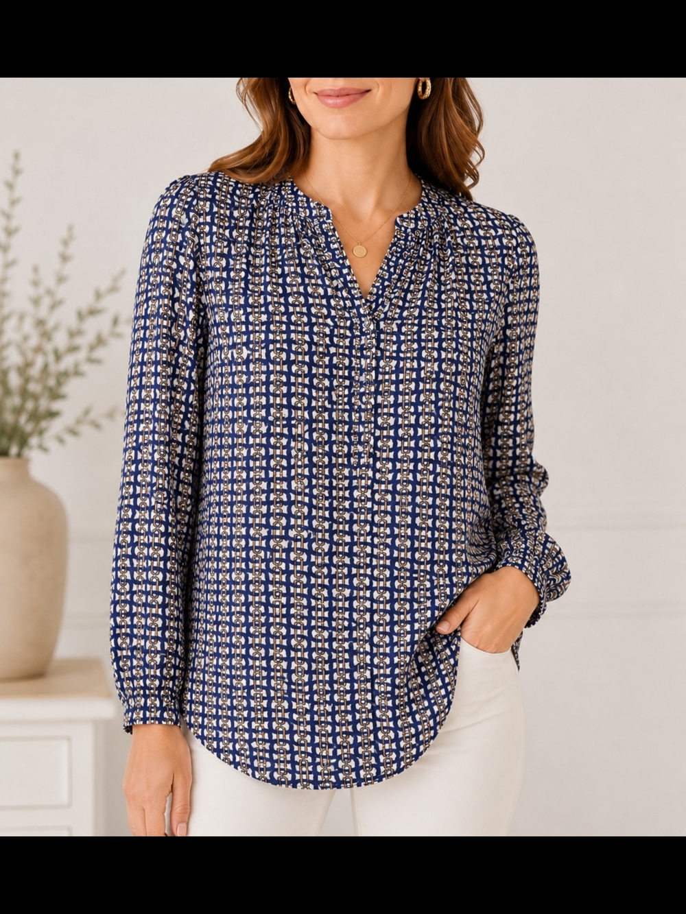 grand & greene Navy and Cream Printed V-Neck Long-Sleeve Blouse Sz XL
